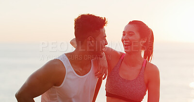 Buy stock photo Fitness, laughing and exercise for couple, beach and bonding with workout, conversation and sports. Happy, athlete and people in morning, sea and communication for training, relax and California