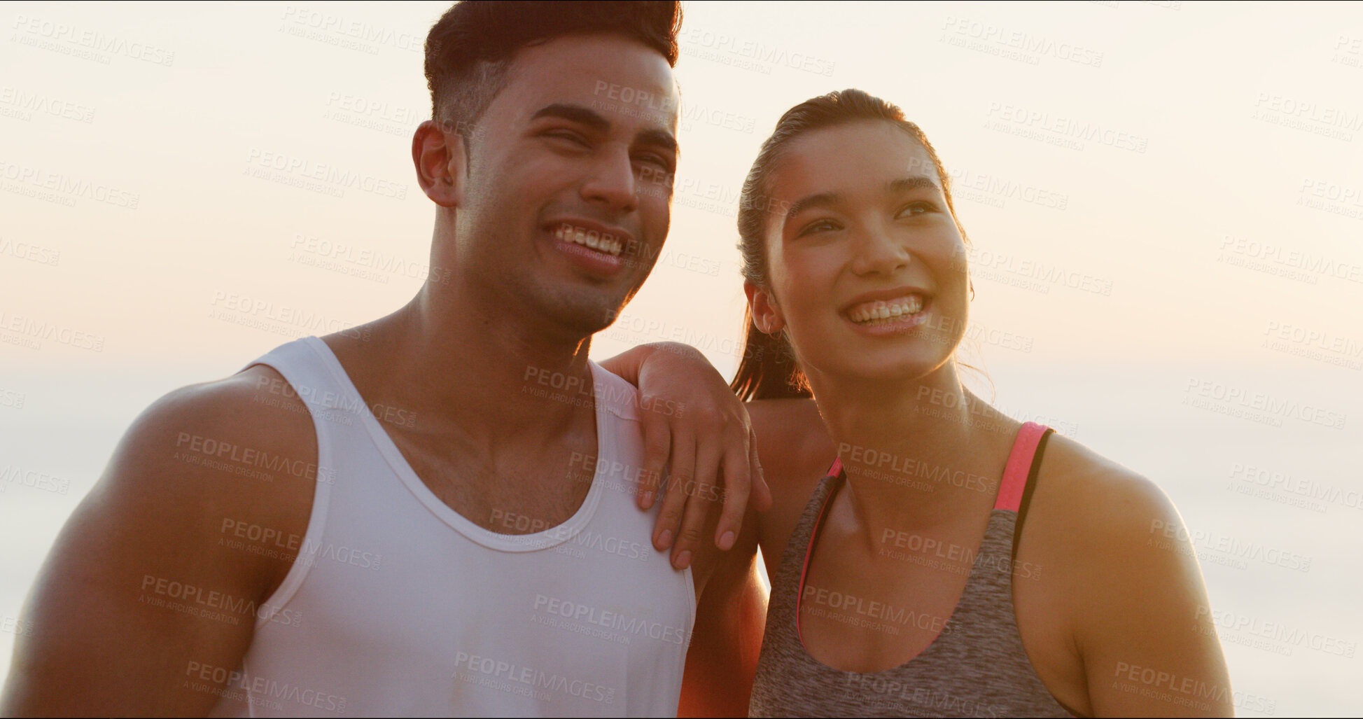 Buy stock photo Fitness, bonding and exercise for couple, beach and conversation for workout, laughing and sports. Happy, athlete and people in morning, sea and communication for training, relax and California