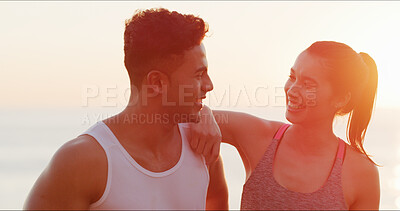 Buy stock photo Fitness, laughing and bonding for couple, beach and conversation for workout, sunrise or sports. Happy, athlete and people in morning, sea and communication for training, relax or flare in California