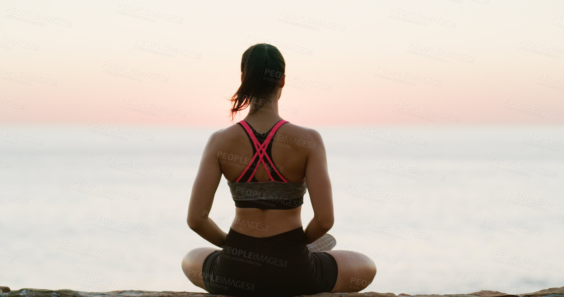 Buy stock photo Woman, yoga and back with meditation on beach for zen, spiritual wellness or mindfulness in nature. Female person, yogi or ocean coast with peace or balance for relax, chakra or mental health by sea