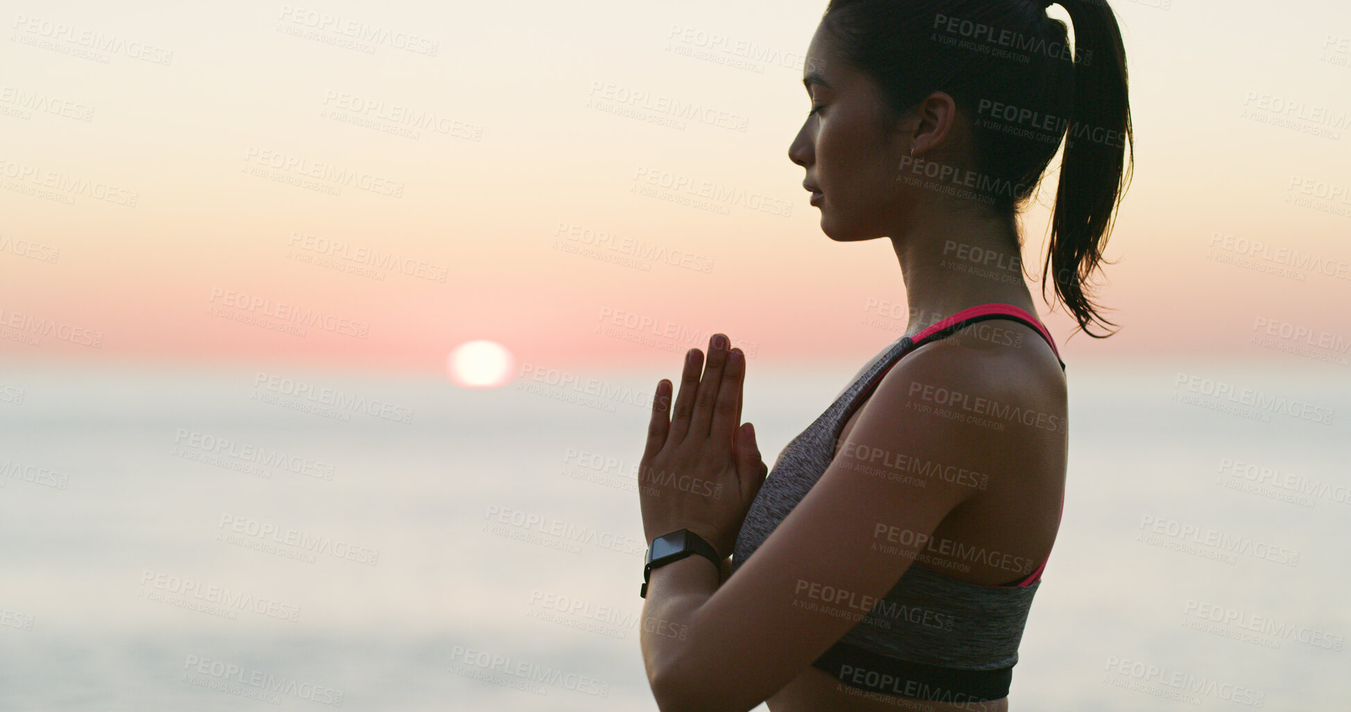 Buy stock photo Active, woman and meditation for yoga at ocean of spiritual fitness, mindfulness and holistic healing. Female person, mindset and pilates peace with mental health, self care and wellness on vacation