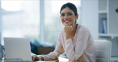 Buy stock photo Remote work, female journalist and portrait with laptop in home for online article, blog review and story research. Freelancer, woman and happy for column feature, proofreading and creative process