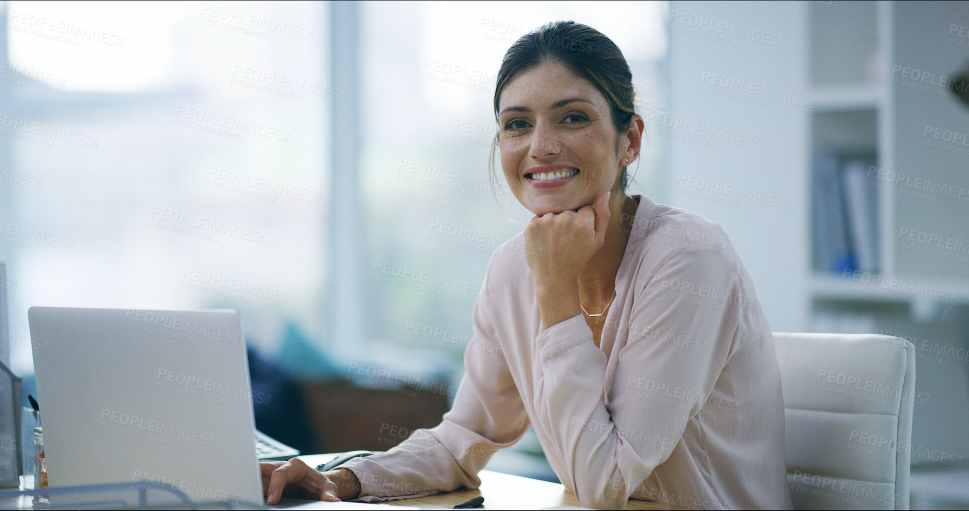 Buy stock photo Remote work, female journalist and portrait with laptop in home for online article, blog review and story research. Freelancer, woman and happy for column feature, proofreading and creative process