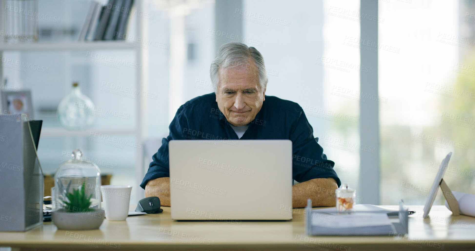 Buy stock photo Mature man, laptop and website with entrepreneur, remote work and professional planning with research. Typing, serious and email with website, internet and search on technology at home office desk