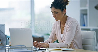 Buy stock photo Journalist, woman and typing on laptop in home for online article, blog review and story development. Remote work, freelancer and writing post for column feature, proofreading and research process