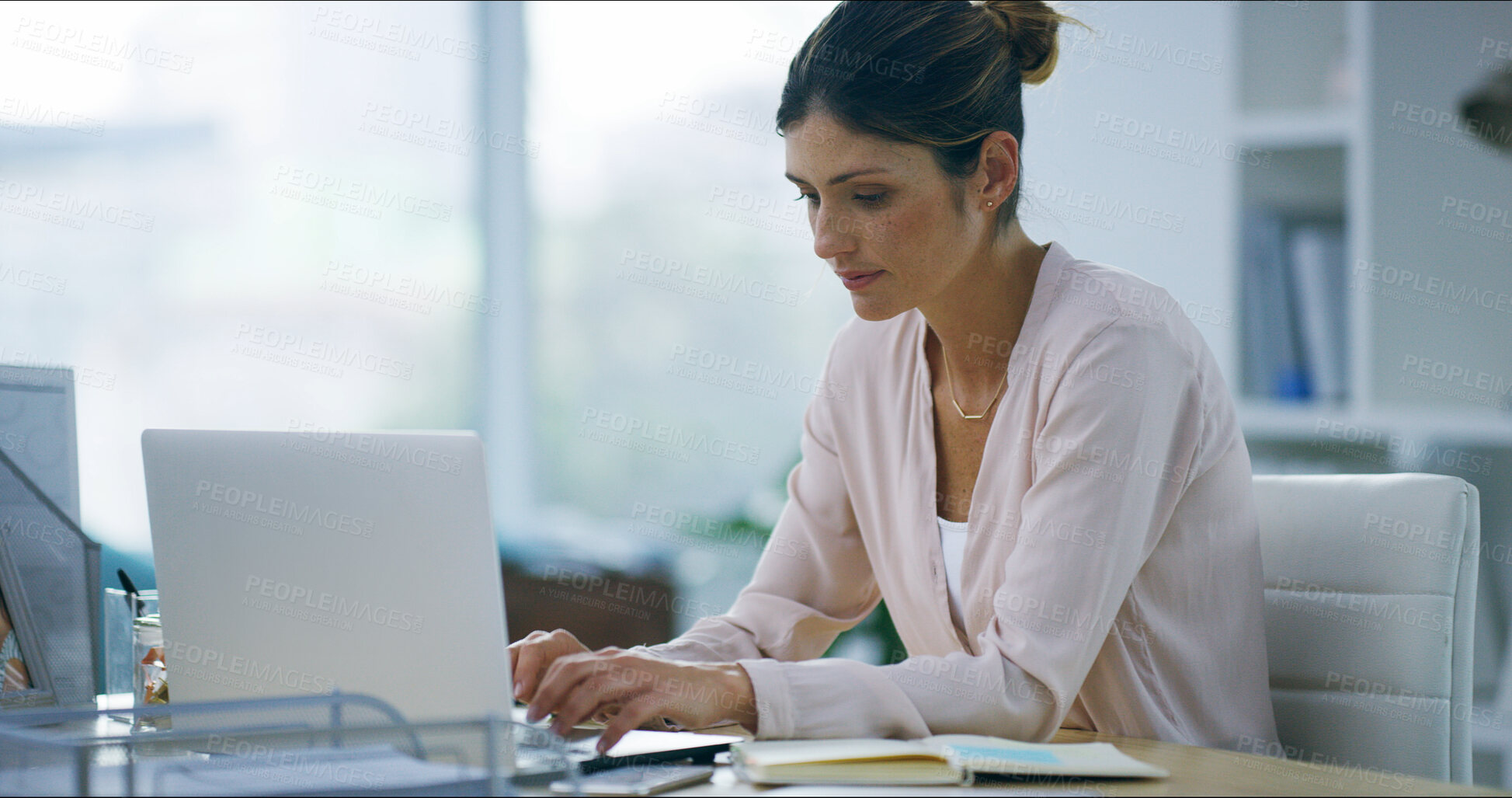 Buy stock photo Journalist, woman and typing on laptop in home for online article, blog review and story development. Remote work, freelancer and writing post for column feature, proofreading and research process