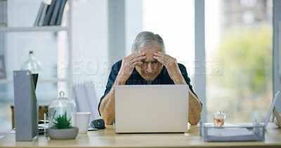 Buy stock photo Senior, businessman and laptop with headache or stress for debt, bankruptcy or mistake at office. Mature, man or employee with vertigo or migraine on computer for fatigue or bad news at workplace