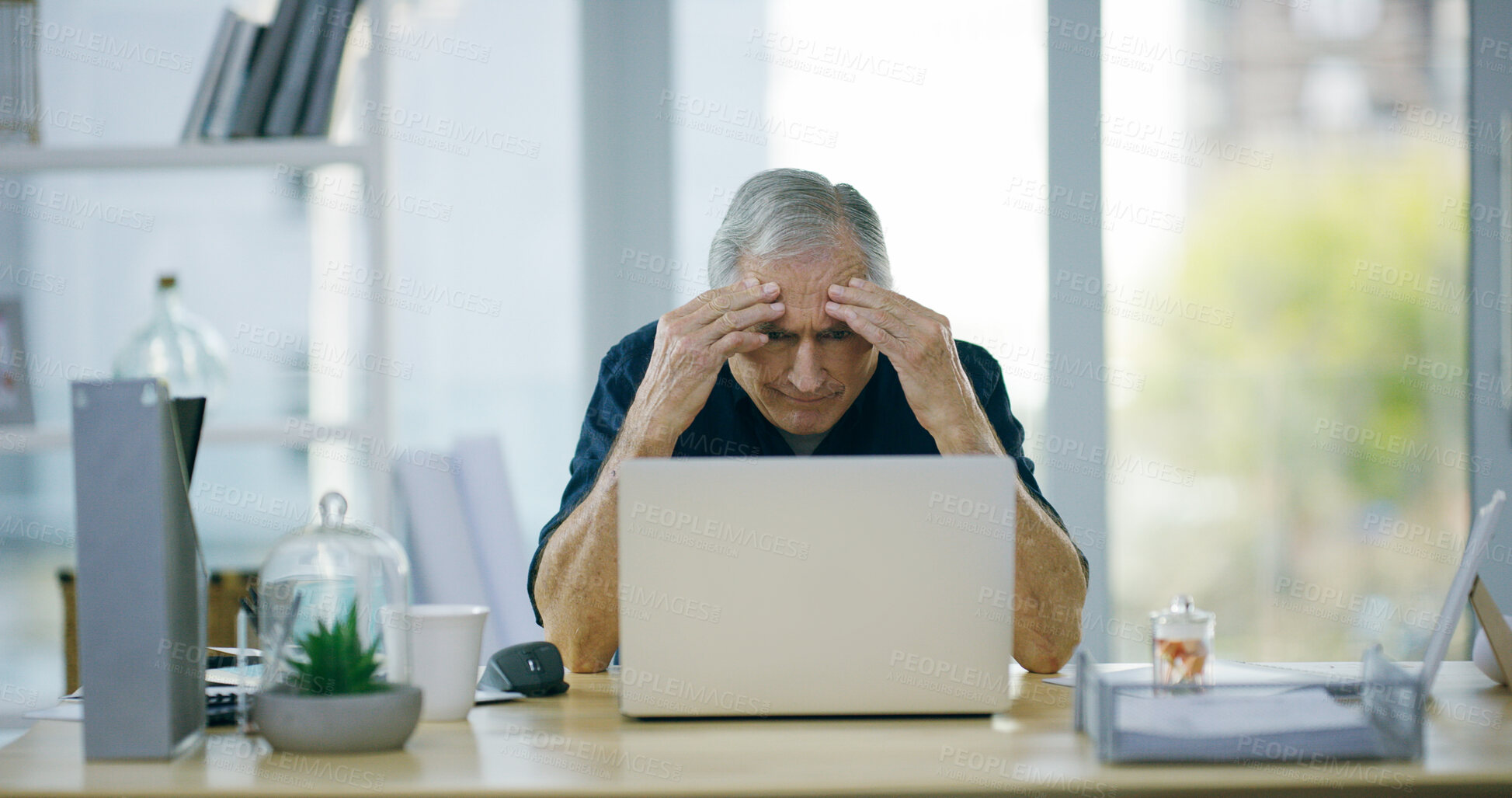 Buy stock photo Senior, businessman and laptop with headache or stress for debt, bankruptcy or mistake at office. Mature, man or employee with vertigo or migraine on computer for fatigue or bad news at workplace