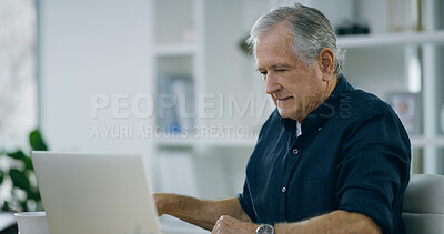 Buy stock photo Finance, senior man and laptop in home for planning insurance, retirement plan or asset management. Budget, person or technology in lounge for financial assessment, investment and reading information
