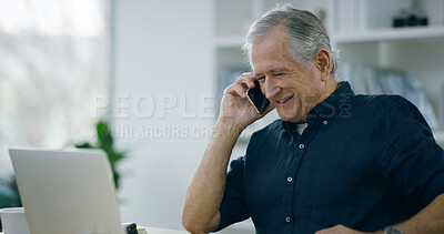 Buy stock photo Phone call, laptop and mature man in home with remote work for online corporate company. Happy, computer and male human resources manager with cv review for hiring with mobile discussion in house.