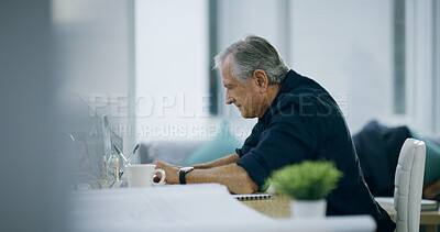 Buy stock photo Senior, man and architect with laptop for interior design, research or planning at home. Mature, male person or designer working on computer for building project, layout or or development at house