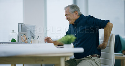 Buy stock photo Mature, businessman or back pain with injury for strain, bad posture or joint inflammation at home. Man, employee or freelancer with sore spine, ache or muscle tension for pressure or sprain at house