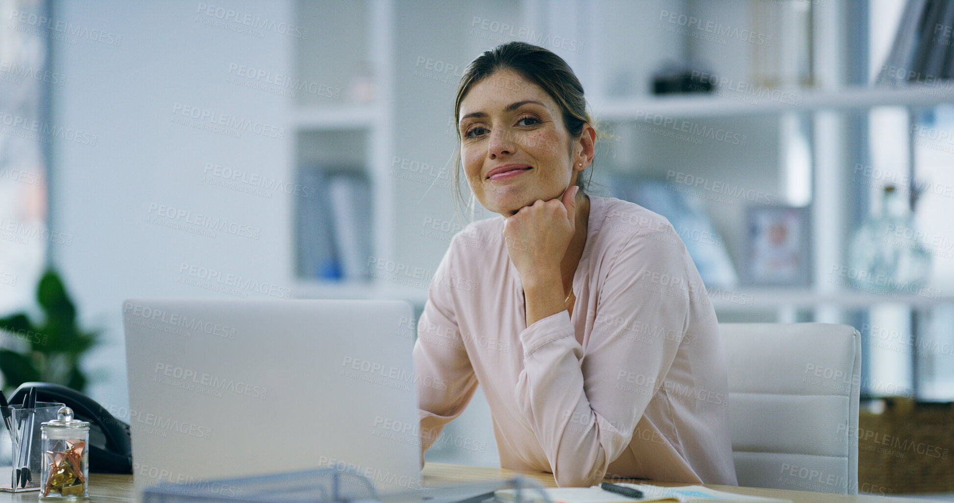 Buy stock photo Journalist, woman and portrait with laptop in home for typing online article, blog review and story research. Remote work, entrepreneur and happy for column feature, proofreading and creative process