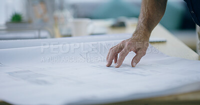 Buy stock photo Blueprint, construction and planning with hands of person in office for architecture, engineering and real estate. Building, documents and paperwork with floor plans and employee closeup for property