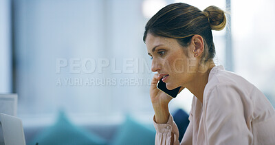 Buy stock photo Entrepreneur, woman and laptop with phone call in home for article questions, project feedback and consulting. Remote work, journalist and talking to news source for story information and planning