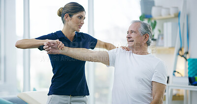 Buy stock photo Physiotherapy, woman or elderly patient with shoulder pain for stretching, help or care in office. Chiropractor, senior man or support in practice for rehabilitation, healing or arm exercise in exam