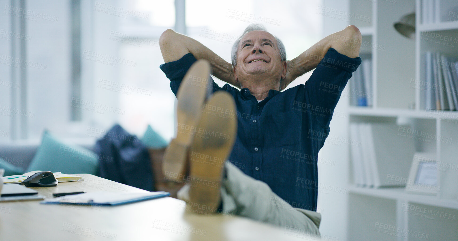 Buy stock photo Relax, stretching and mature man in office, thinking and done with work and positive mindset for project. Investor, contemplating and daydreaming of goals, complete and boss of company and happy