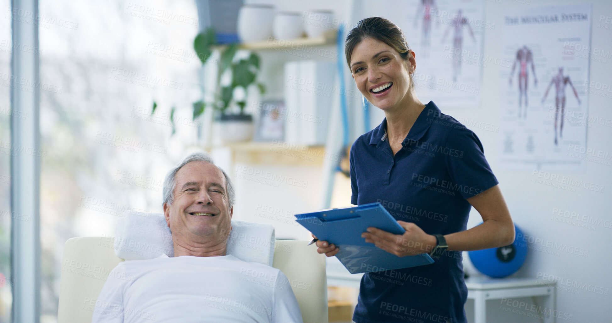 Buy stock photo Clipboard, physiotherapist and portrait of senior woman in clinic for checkup on injury or rehabilitation. Chiropractor, consultation and healthcare worker with elderly patient for medical report.