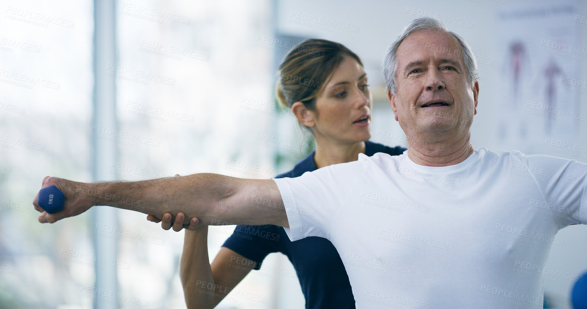 Buy stock photo Physiotherapist, senior man and training with dumbbells for physical therapy, rehabilitation and mobility exercise. Recovery, stretching and elderly patient with weights for injury support or healing