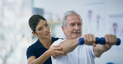 Buy stock photo Physiotherapist, senior man or exercise with weights for physical therapy, rehabilitation or mobility training. Recovery, stretching or elderly patient with dumbbells for healing treatment or support