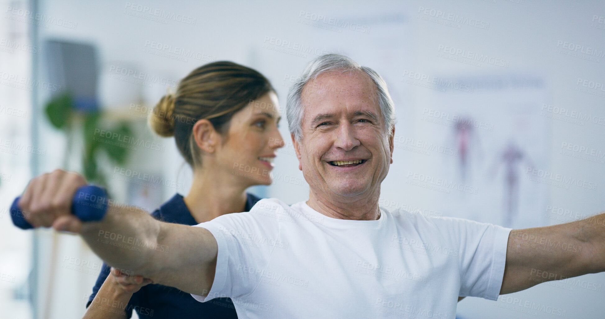 Buy stock photo Physiotherapist, senior man or smile with dumbbell for physical therapy, rehabilitation or muscle training. Recovery, exercise or elderly patient with weights for healing treatment or fitness support