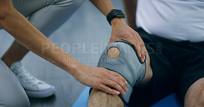 Buy stock photo Knee pain, physiotherapy and hands of patient with brace for support, medical service and consulting. Healthcare, orthopedic and physical therapist with person for rehabilitation, recovery or help