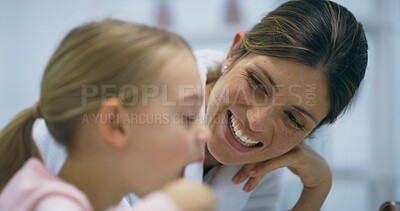 Buy stock photo Mother, girl and brushing teeth in home, teaching hygiene and bathroom for fresh breath. Mama, daughter and watching kid for support with dental health, morning routine and happy for healthcare