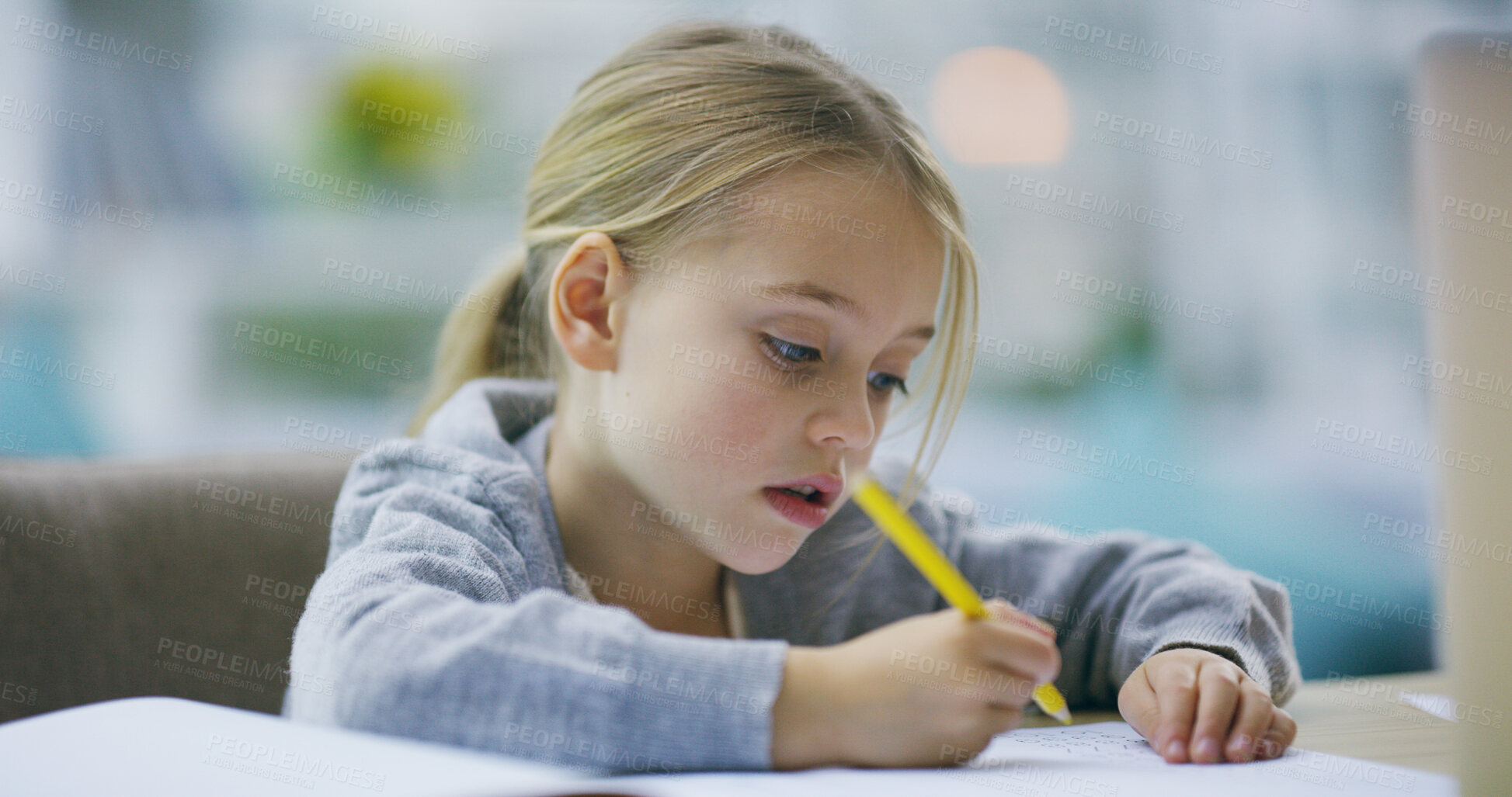 Buy stock photo Girl, child and home for creative drawing, education and thinking on picture for learning at desk. Female person, homework and writing in book for artistic assignment, mind development and activity