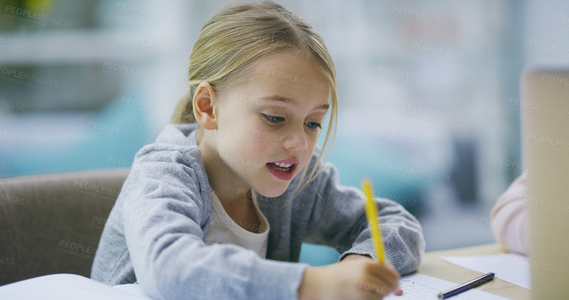 Buy stock photo Girl, kid and home for creative drawing, education and thinking on picture for learning at desk. Female person, homework and writing in book for artistic assignment, mind development and activity