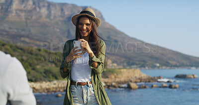 Buy stock photo Happy woman, beach and mobile phone for memory, social media app and post on holiday or vacation. People, technology and outdoor for picture, love and support with photography for location or travel