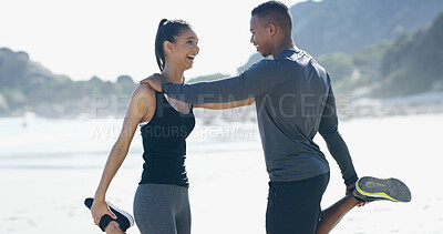 Buy stock photo Interracial couple, beach and stretching for fitness, happiness and exercise with laughing or fun. People, outdoor and training for support, sports and workout in warm up, bonding together and health