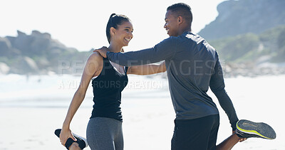 Buy stock photo Interracial couple, beach and stretching for exercise, fitness and training with laughing or fun. People, outdoor and happiness for support, sports and workout in warm up, bonding together and health