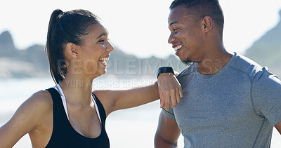 Buy stock photo Couple, beach and break for exercise, training and fitness with laughing or cheerful as athlete. People, outdoor and happiness with support, sports and workout for running, bonding together or health