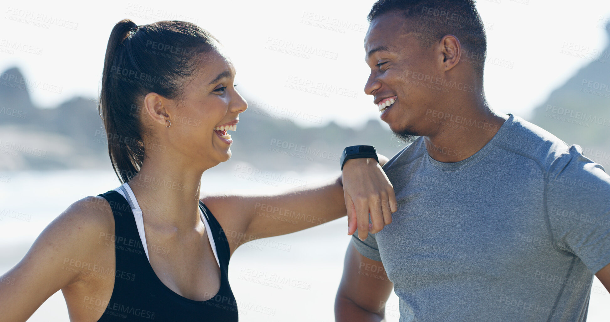 Buy stock photo Couple, beach and break for exercise, training and fitness with laughing or cheerful as athlete. People, outdoor and happiness with support, sports and workout for running, bonding together or health