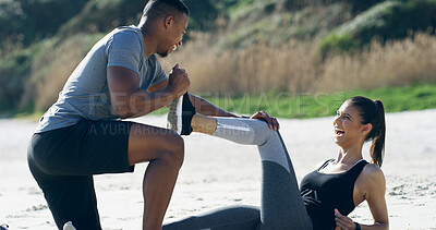 Buy stock photo Couple, beach and stretching for exercise, training and fitness with laughing or fun as athlete. People, outdoor and happiness for support, sports and workout for running, bonding together and health