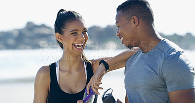 Buy stock photo Beach, couple and laughing with joke after fitness, running exercise and bonding on water break. Happy people, man and woman with connection for relationship, commitment and h2o bottle after cardio