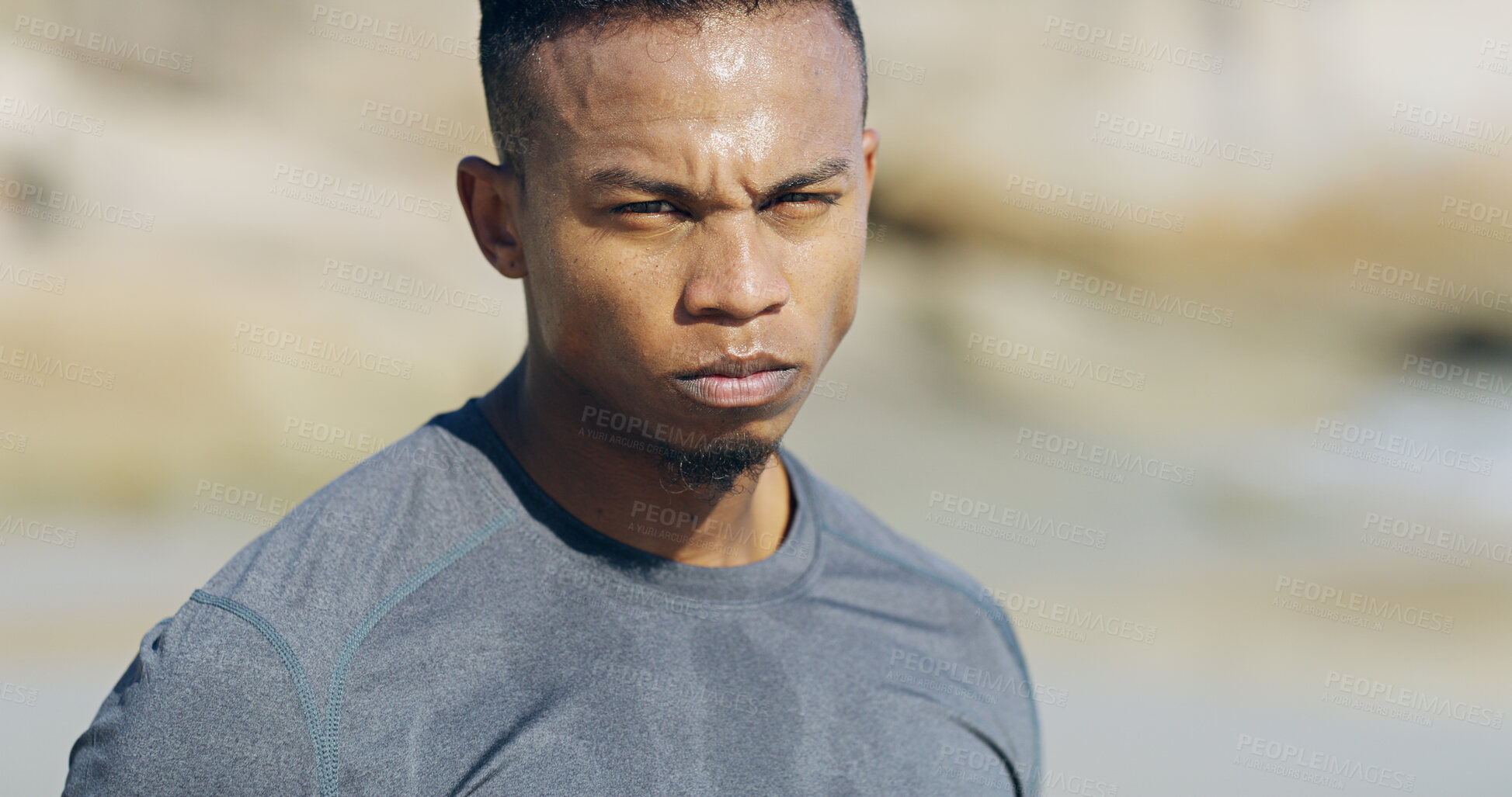 Buy stock photo Man, athlete and serious for fitness, outdoor and training for marathon, sweat and portrait of runner. Sports, wellness and health for person, workout and practice for competition and dedication