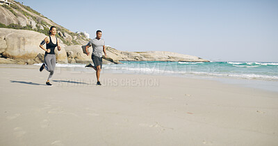 Buy stock photo Beach, couple and happy with running for fitness, exercise and energy with cardio for challenge goal. Ocean, man and woman with smile for marathon training, wellness and bonding together by mockup