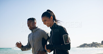 Buy stock photo Beach, couple and support with running for fitness, exercise and energy with cardio for challenge goal. Happy, man and woman by ocean for marathon training, wellness pace and bonding together outdoor