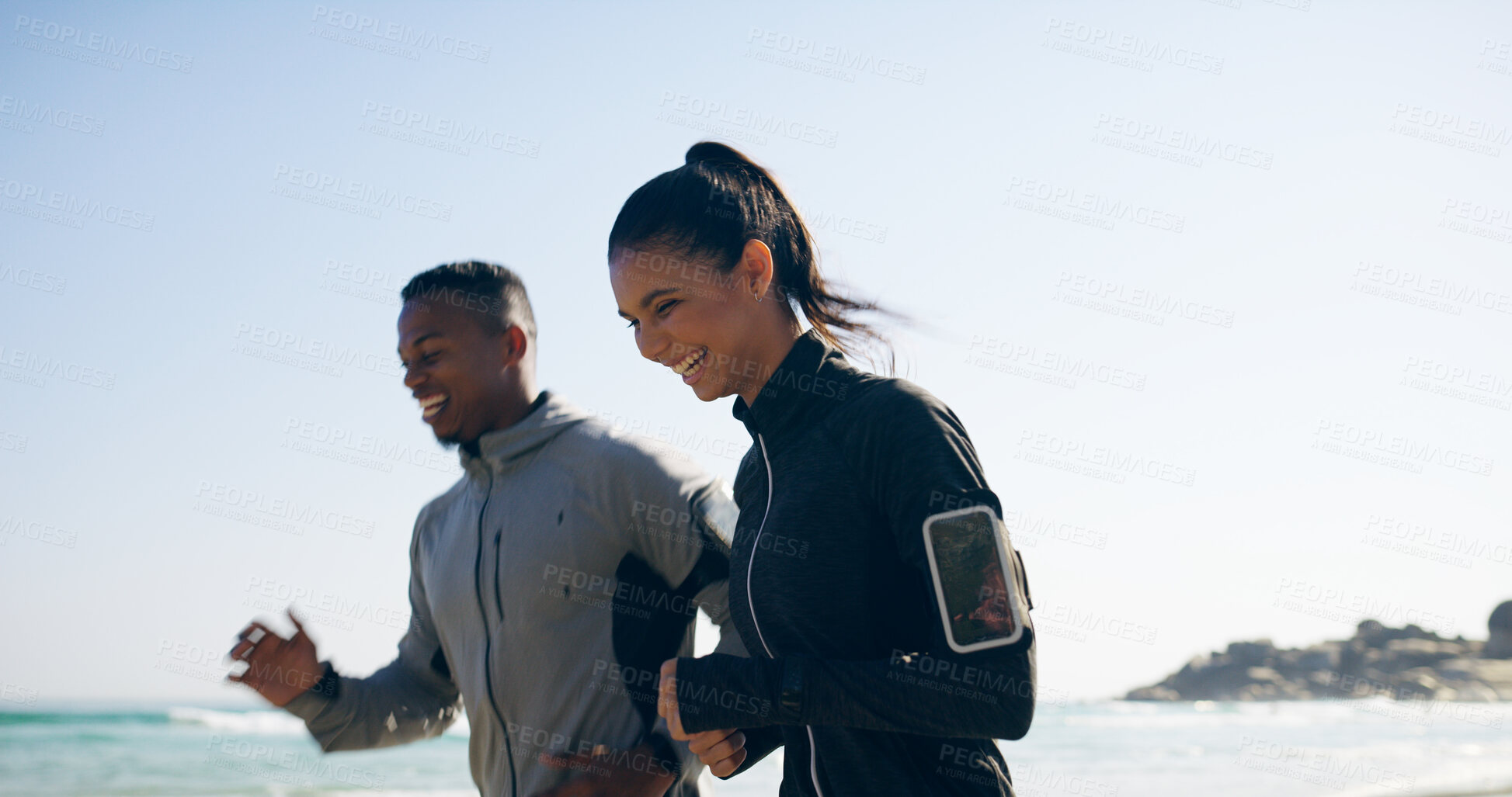 Buy stock photo Beach, couple and support with running for fitness, exercise and energy with cardio for challenge goal. Happy, man and woman by ocean for marathon training, wellness pace and bonding together outdoor