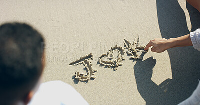 Buy stock photo Drawing, heart and hands of couple at beach for love sign, initials and commitment in sand. Relationship, summer vacation and romance with people and writing names for date, emoji or bonding together