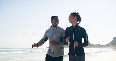 Buy stock photo Beach, couple and support with running for sports, fitness and energy with cardio for challenge goal. Happy, man and woman by ocean for marathon training, wellness pace and bonding together outdoor