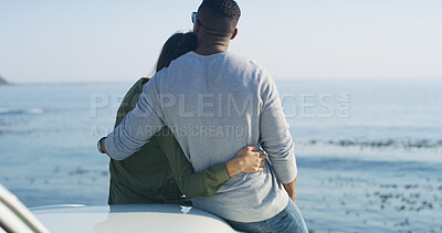 Buy stock photo Hug, view and couple on road trip, vacation and romance for anniversary, back and scenery of nature. Vehicle, embrace and people with car for holiday, travel and date for tourist, love and bonding