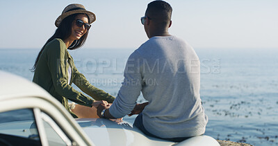Buy stock photo Beach, couple and holding hands by car for vacation, travel holiday and bonding together by ocean. Happy people, woman and man with commitment in healthy relationship, love and romantic by vehicle