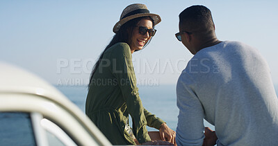 Buy stock photo Travel, laughing and couple on road trip, vacation and romance for anniversary, date and view of nature. Vehicle, blue sky and people with car for bonding, smile and holiday for tourist and love