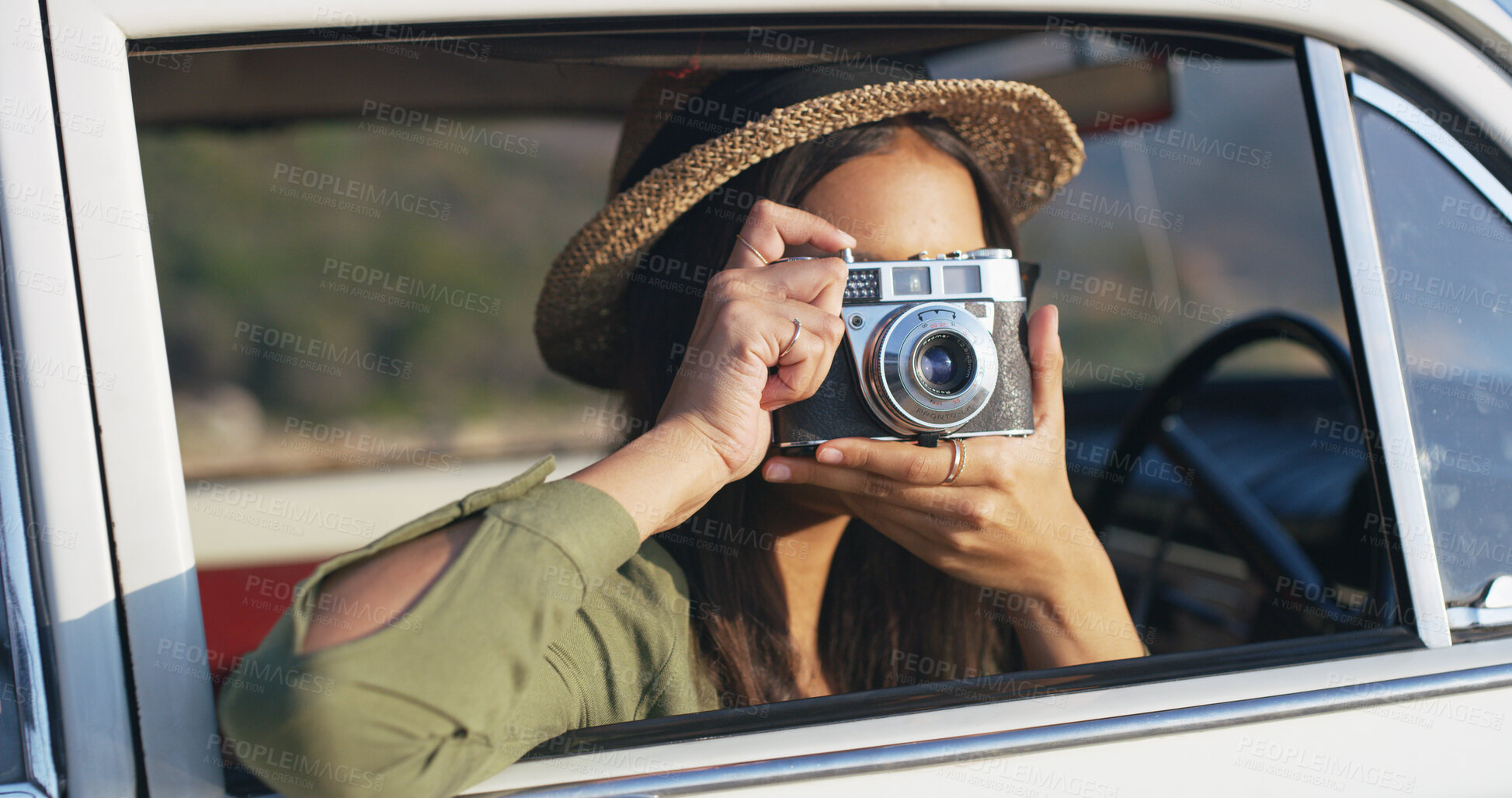 Buy stock photo Travel, driver and photography for road trip, woman and fresh air in summer, camera and journey with car. Window, photographer and picture for holiday, person and transport for photo journalist