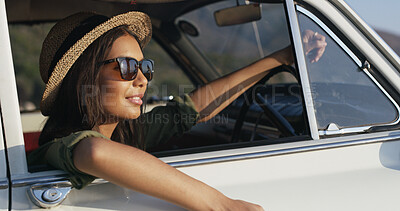 Buy stock photo Relax, road trip and woman in car, tourism and journey for summer holiday, scenery and adventure. Window, thinking and smile for vacation, nature and tourist in vehicle, outdoor or person with shades