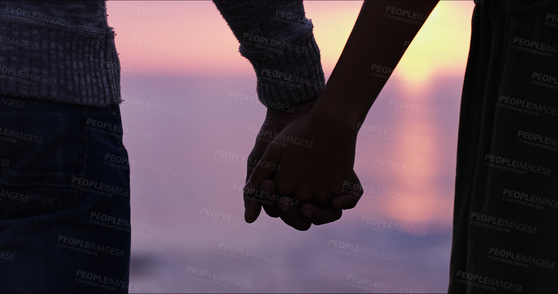 Buy stock photo Sunset, ocean and couple holding hands on romantic date, holiday adventure or sightseeing from back. Evening sky, man and woman on travel vacation with love, view or outdoor journey together at beach