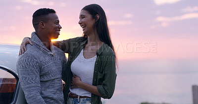 Buy stock photo Sunset sky, beach and couple embrace on road trip, romantic date or happy holiday adventure together. Evening, man and woman at car on travel vacation with love, laughing or outdoor journey at ocean