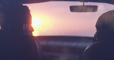 Buy stock photo Car, window and couple on road trip at sunset with smile, romantic date and holiday adventure together. Nature, man and woman on travel vacation with evening sky, love and happy journey on drive.